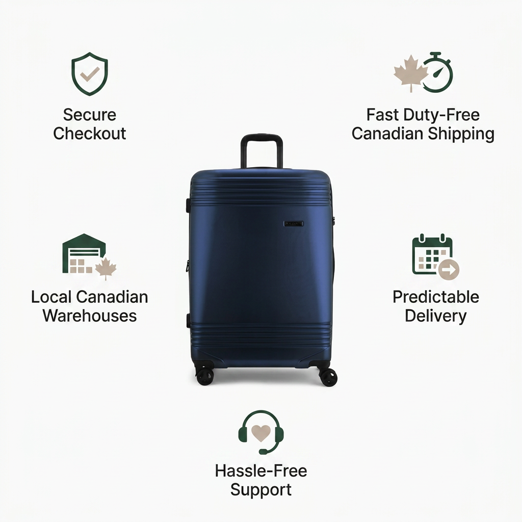 A trust and authority infographic featuring the blue Bugatti Nashville suitcase (HLG3928BU) at the center. Surrounding it are five icons with text rendered in the black, taupe, and green brand colors: "Secure Checkout," "Fast Duty-Free Canadian Shipping," "Local Canadian Warehouses," "Predictable Delivery," and "Hassle-Free Support." The background is a clean, light off-white.