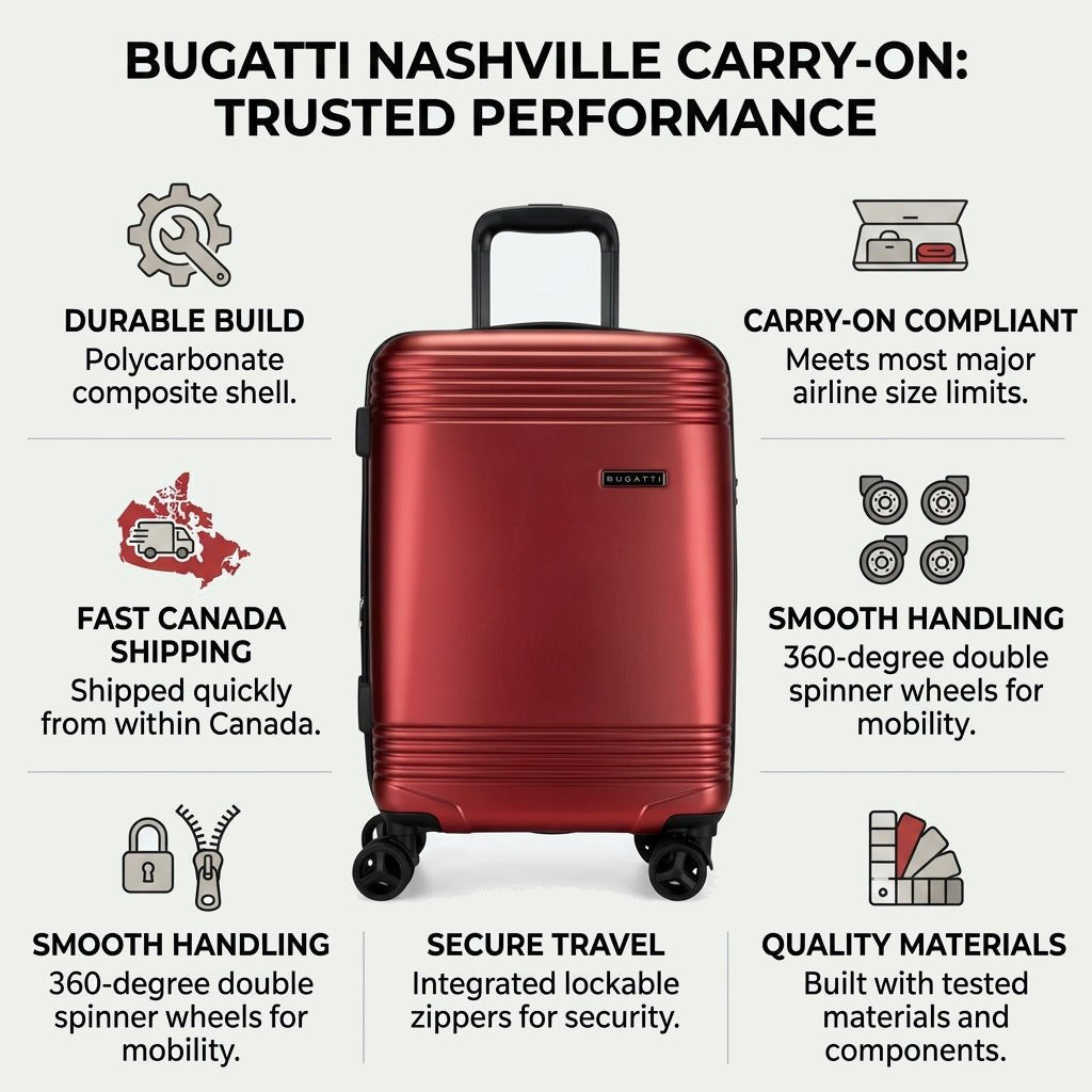 Red Bugatti Nashville carry-on luggage with callouts for durability, shipping, and wheels.