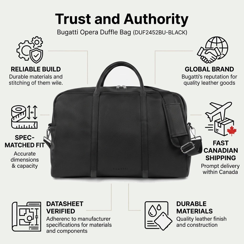 Bugatti Opera Duffle Bag with callouts for its durable build, fit, and fast Canadian shipping.