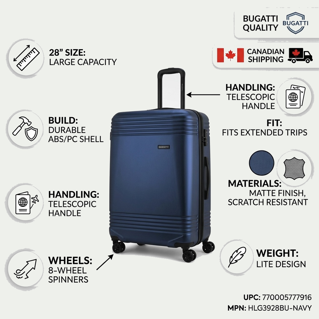 Bugatti Nashville 28-inch navy luggage showing 8-wheel spinners and Canadian shipping.