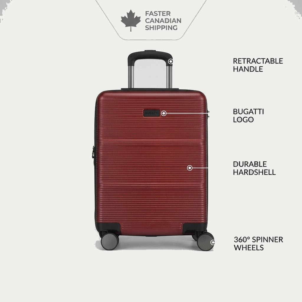 Deep red Bugatti Brussels hardside carry-on with callouts for handle, hardshell, and spinner wheels.