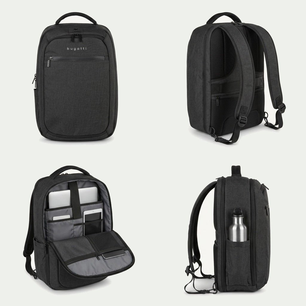 Four-way view of the Bugatti Traveller 15.6 inch charcoal grey backpack showing front, back, side water bottle pocket