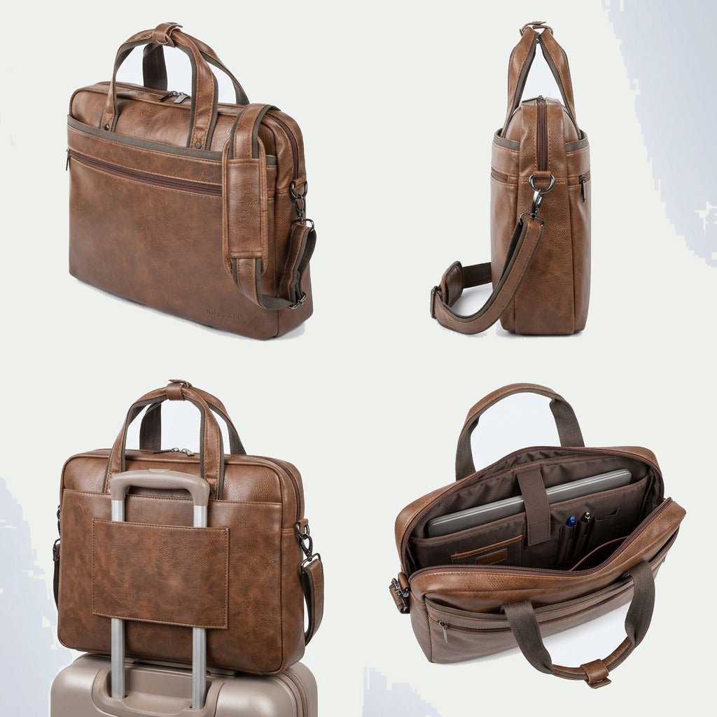 Four-view matrix of the Bugatti Valentino Cognac briefcase showing front, side, trolley pass-through, and open interior.