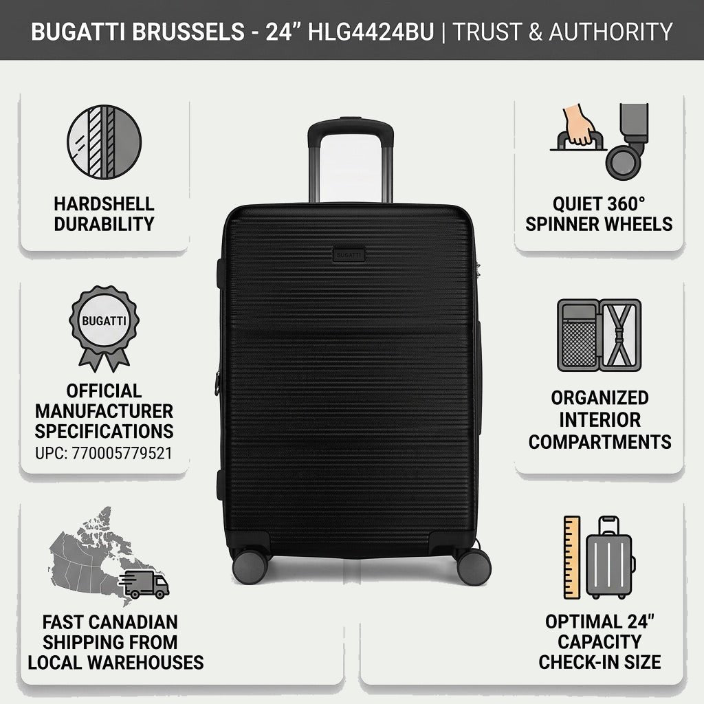 Bugatti Brussels 24-inch luggage with callouts for hardshell durability and spinner wheels.