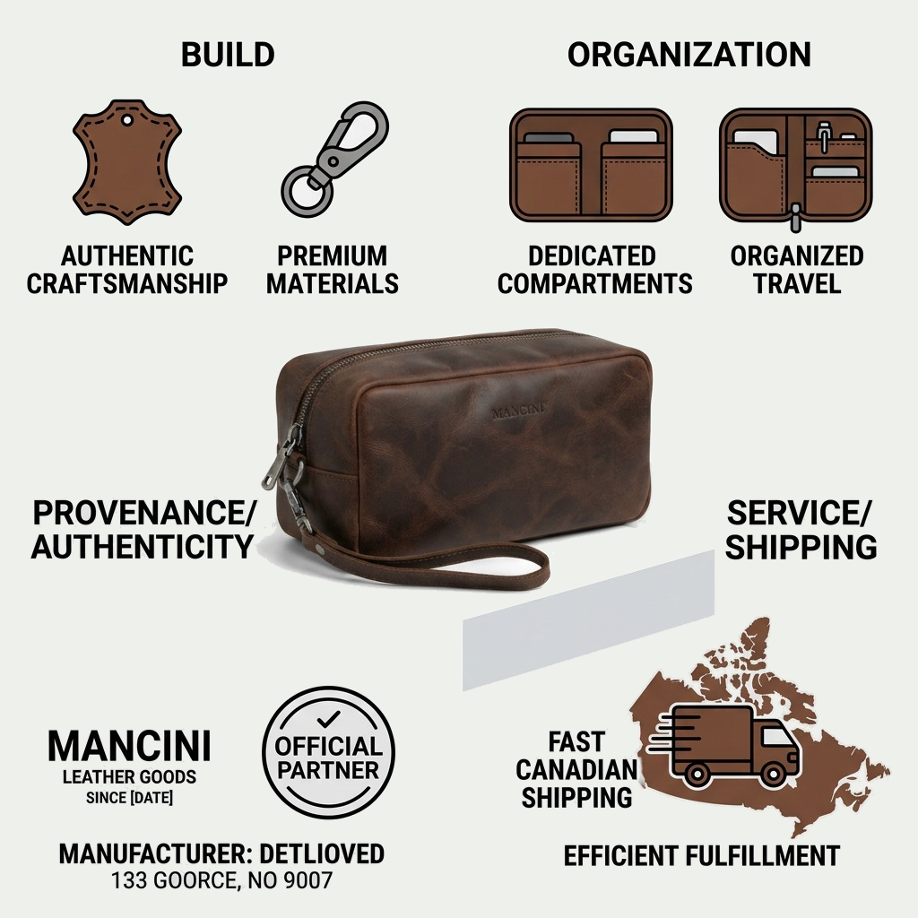Mancini Buffalo Leather Toiletry Kit with organization and construction callouts