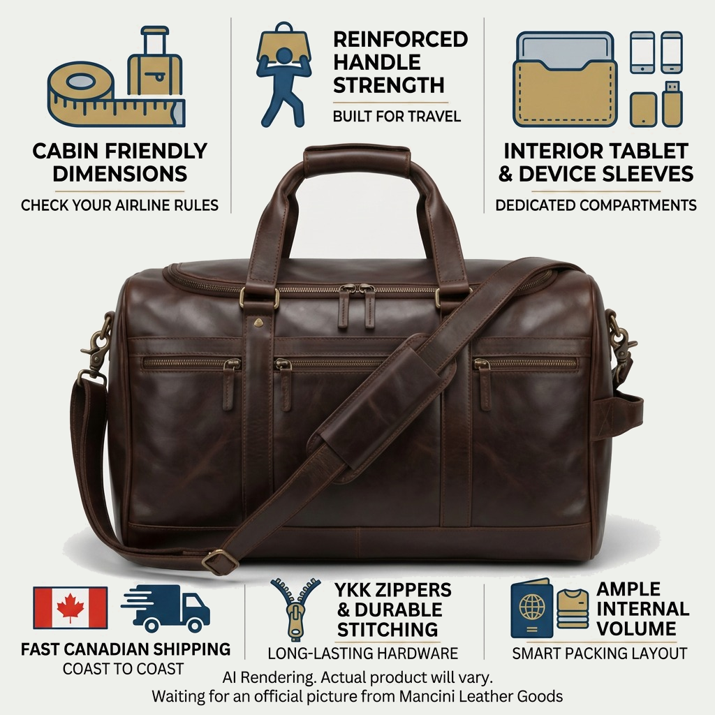 Mancini leather carry-on duffle bag with callouts for cabin size and Canadian shipping.