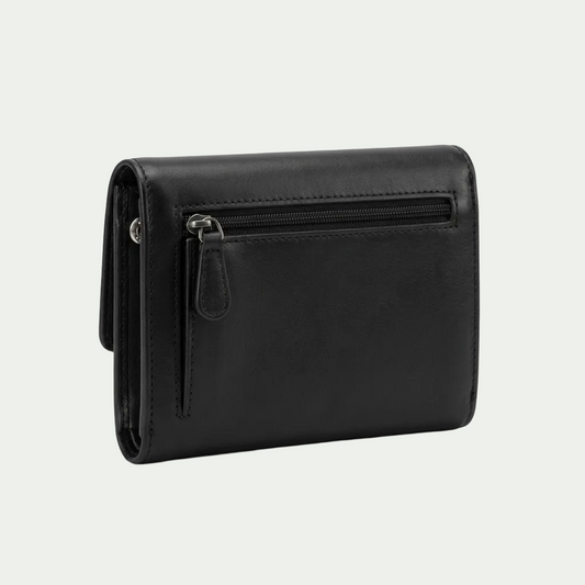 Mancini Ladies Small Clutch Wallet in black leather, showing rear zipper and side stud, pure white background.