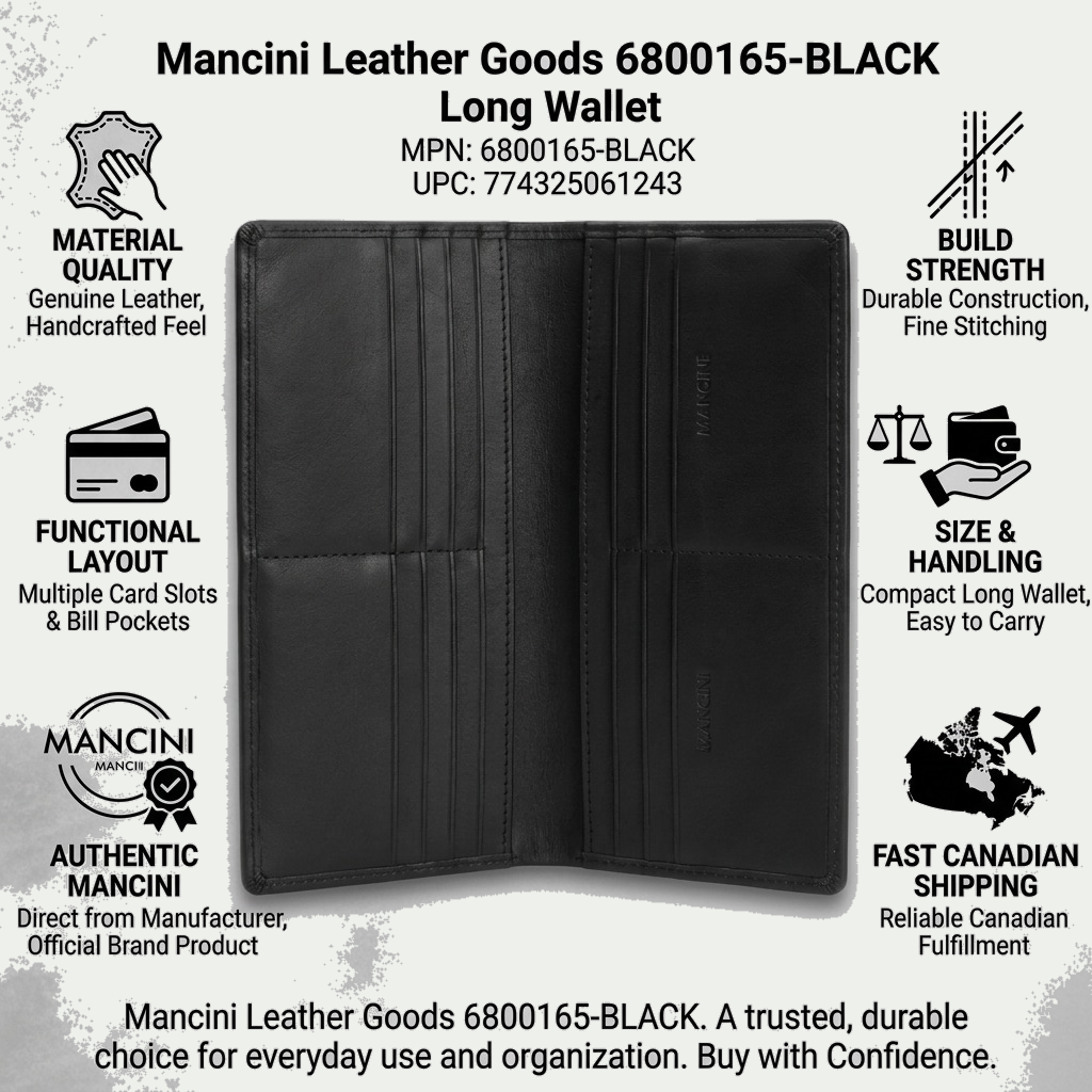 Mancini black leather long wallet with material and storage callouts