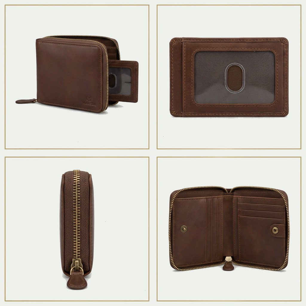 Multi-angle view grid of the brown leather Mancini Men's Zip Wallet with its removable card case.