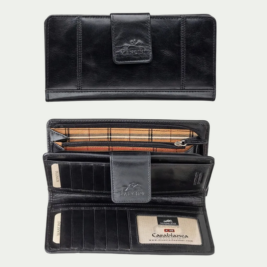 Front and interior view of the Mancini Ladies’ RFID Secure Clutch Wallet in black top-grain leather.