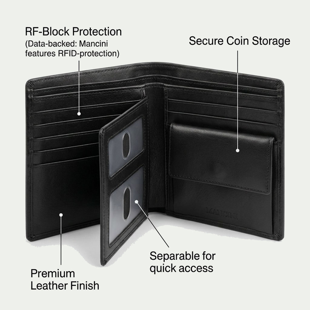 The Mancini leather wallet, with labels with callouts for its operational benefits like RF blocking