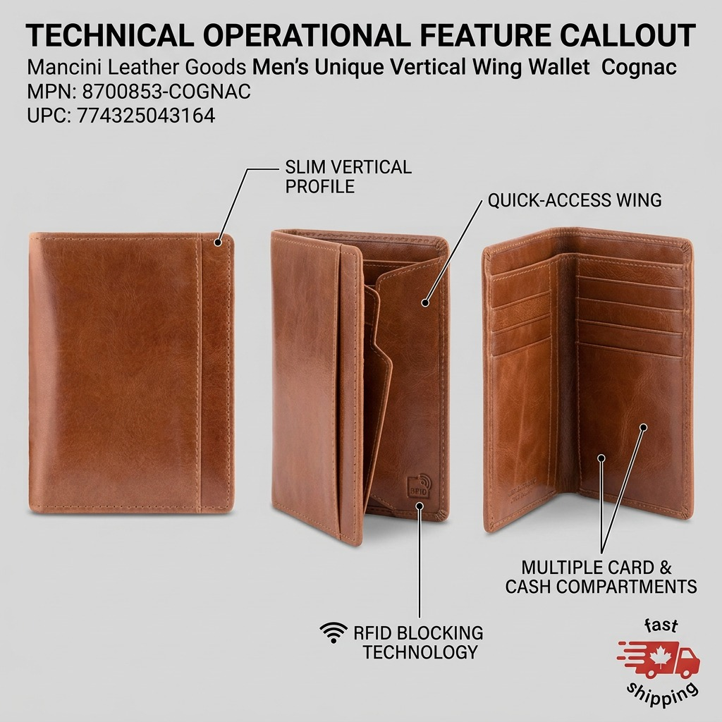 Feature graphic for Mancini cognac leather vertical wing wallet highlighting its slim profile, RFID protection, and card slots.