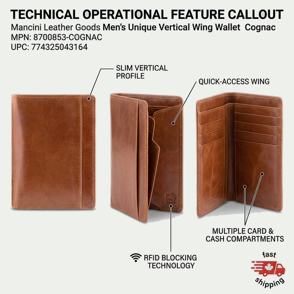 Mancini cognac leather vertical wing wallet with callouts for its slim profile, RFID protection, and card slots.