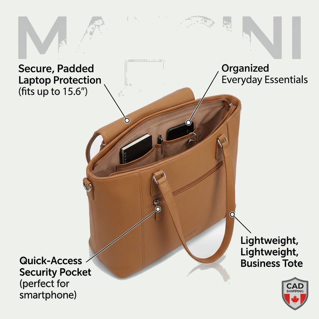 Mancini camel leather shoulder bag features a 15.6 inch laptop sleeve and organized interior pockets.