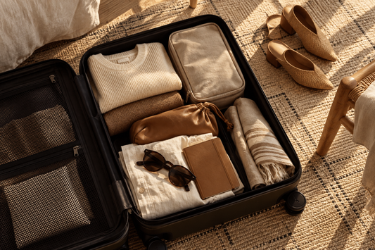 Open suitcase with neatly folded neutral clothing, a scarf, sunglasses and a notebook