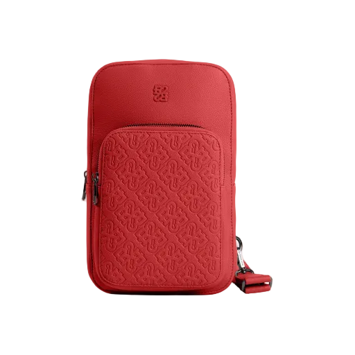 Red patterned pouch with a strap on a white background