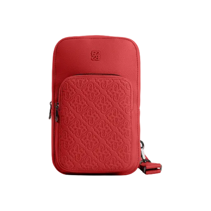 Red patterned pouch with a strap on a white background