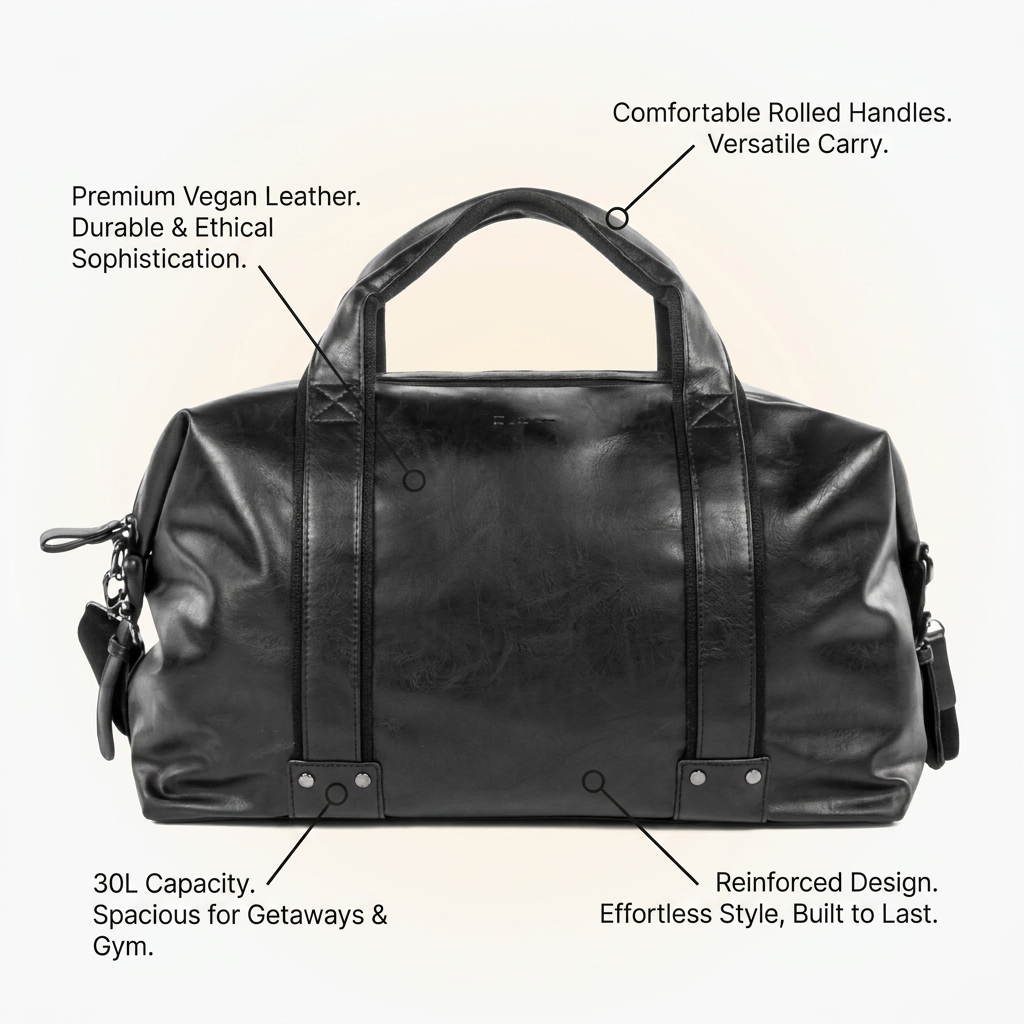 A feature callout graphic for the Bugatti Valentino Weekender Bag, highlighting four operational features with clean pointers and benefit-focused text against a soft, cream background.