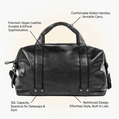 A feature callout graphic for the Bugatti Valentino Weekender Bag, highlighting four operational features with clean pointers and benefit-focused text against a soft, cream background.