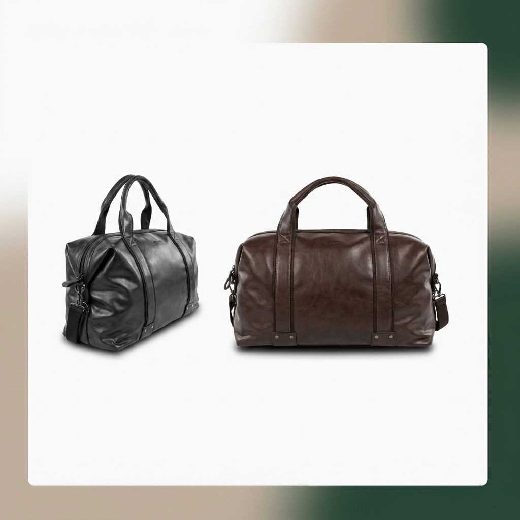 Two Bugatti Valentino weekender bags, one black and one dark brown, displayed side-by-side in a clean e-commerce grid against a soft white and subtle taupe-green gradient background.