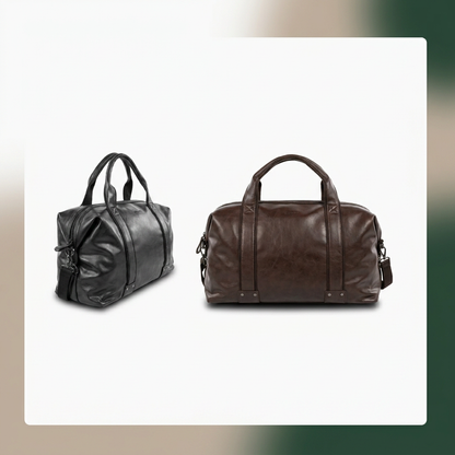 Two Bugatti Valentino weekender bags, one black and one dark brown, displayed side-by-side in a clean e-commerce grid against a soft white and subtle taupe-green gradient background.