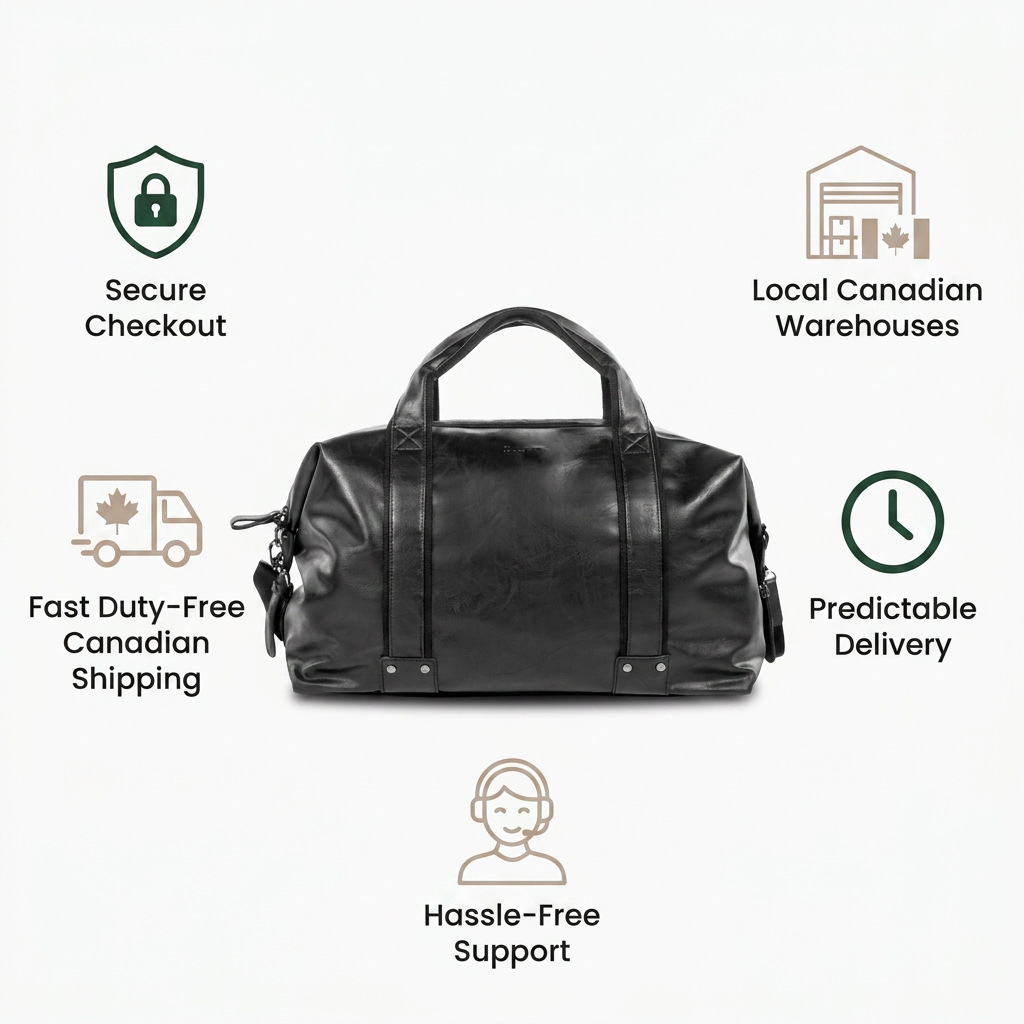 A clean, brand-aligned ecommerce trust infographic featuring the Bugatti Valentino weekender bag as the central visual. It includes five factual trust cues with simple icons and short text: Secure Checkout, Fast Duty-Free Canadian Shipping, Local Canadian Warehouses, Predictable Delivery, and Hassle-Free Support. The color palette is alabaster, deep charcoal, warm taupe, and rich forest green.