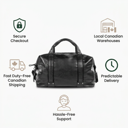 A clean, brand-aligned ecommerce trust infographic featuring the Bugatti Valentino weekender bag as the central visual. It includes five factual trust cues with simple icons and short text: Secure Checkout, Fast Duty-Free Canadian Shipping, Local Canadian Warehouses, Predictable Delivery, and Hassle-Free Support. The color palette is alabaster, deep charcoal, warm taupe, and rich forest green.