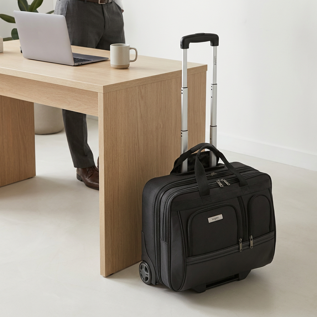The black Bugatti business case with wheels handles extended, positioned on a light concrete floor next to a wooden desk for scale reference.
