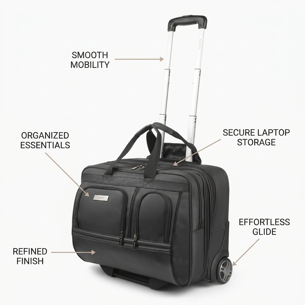 Bugatti Warren Business Case feature graphic with callouts for 'Smooth Mobility', 'Organized Essentials', 'Secure Laptop Storage', 'Effortless Glide', and 'Refined Finish'.