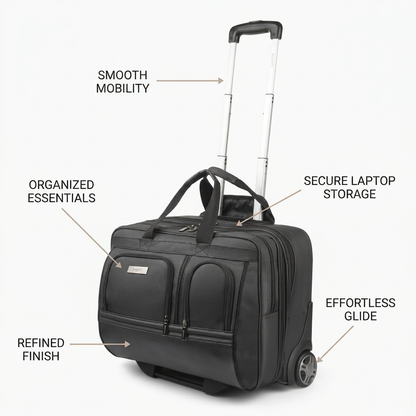 Bugatti Warren Business Case feature graphic with callouts for 'Smooth Mobility', 'Organized Essentials', 'Secure Laptop Storage', 'Effortless Glide', and 'Refined Finish'.