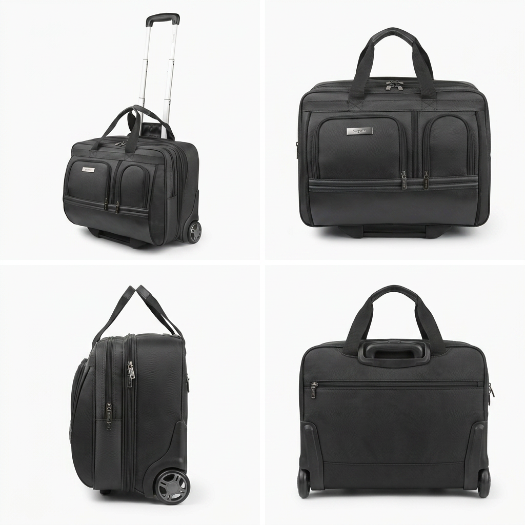 A four-panel grid photograph showing the black Bugatti Warren Business Case from different angles: top-left is a three-quarter view with the handle extended, top-right is a front view, bottom-left is a side profile, and bottom-right is a rear view, all on a clean white background.