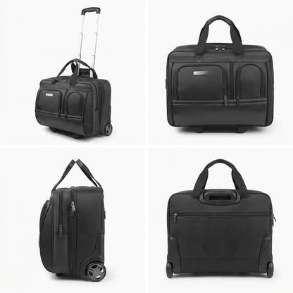 A four-panel grid photograph showing the black Bugatti Warren Business Case from different angles: top-left is a three-quarter view with the handle extended, top-right is a front view, bottom-left is a side profile, and bottom-right is a rear view, all on a clean white background.