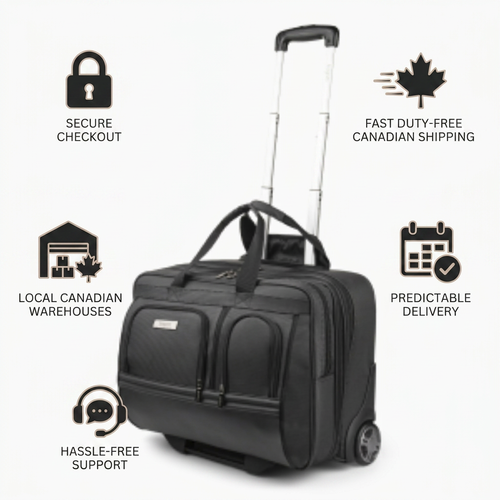 A trust and authority infographic for the Bugatti Warren Business Case, featuring the central product image surrounded by five icon-and-text elements: Secure Checkout, Fast Duty-Free Canadian Shipping, Local Canadian Warehouses, Predictable Delivery, and Hassle-Free Support. The design uses a minimalist style with a charcoal, taupe, and alabaster color palette.