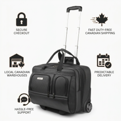 A trust and authority infographic for the Bugatti Warren Business Case, featuring the central product image surrounded by five icon-and-text elements: Secure Checkout, Fast Duty-Free Canadian Shipping, Local Canadian Warehouses, Predictable Delivery, and Hassle-Free Support. The design uses a minimalist style with a charcoal, taupe, and alabaster color palette.