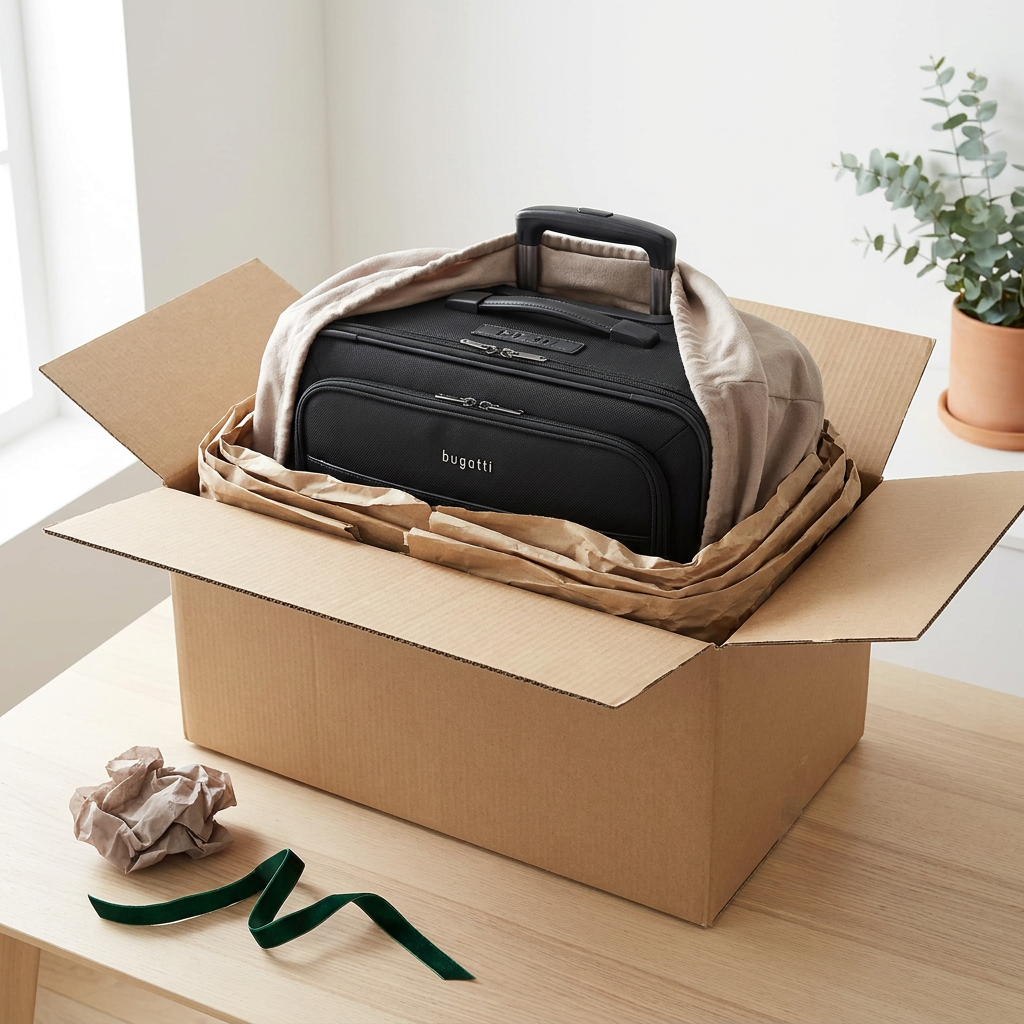 A Bugatti Warren Business Case on Wheels is nested inside a protective cloth bag and brown paper within a open cardboard shipping box. The box rests on a light wooden table next to a crumpled piece of paper and a green ribbon, under natural light from a window.
