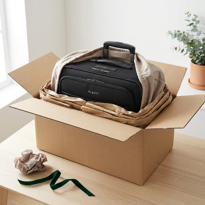 A Bugatti Warren Business Case on Wheels is nested inside a protective cloth bag and brown paper within a open cardboard shipping box. The box rests on a light wooden table next to a crumpled piece of paper and a green ribbon, under natural light from a window.
