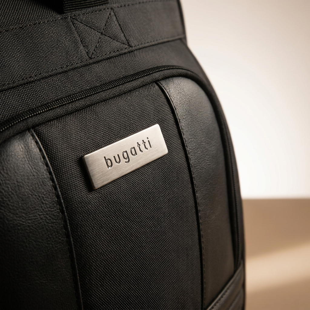 A close-up detail photograph of the metal Bugatti logo plate and textured materials on the black Warren business case.