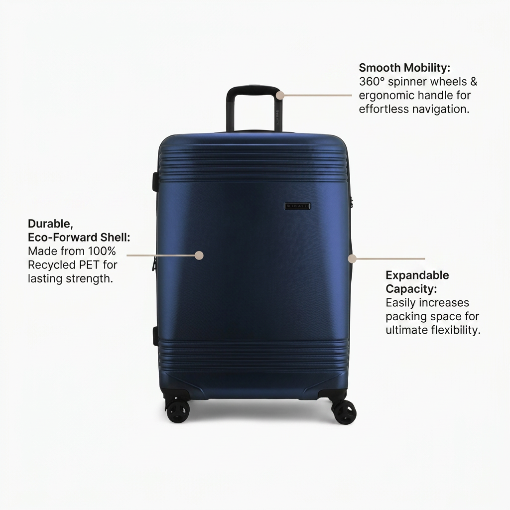 Bugatti Nashville 28" Navy luggage against an Alabaster background with three Warm Taupe pointer lines pointing to key features: "Smooth Mobility: 360° spinner wheels & ergonomic handle for effortless navigation," "Durable, Eco-Forward Shell: Made from 100% Recycled PET for lasting strength," and "Expandable Capacity: Easily increases packing space for ultimate flexibility."