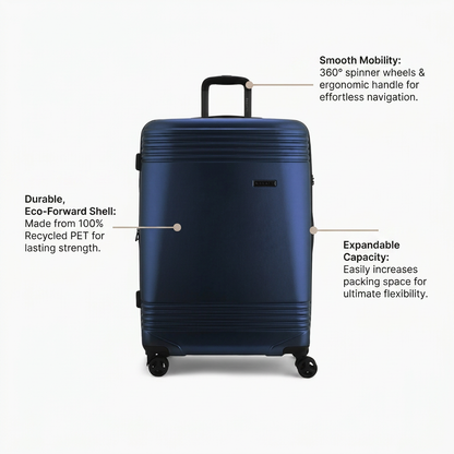 Bugatti Nashville 28" Navy luggage against an Alabaster background with three Warm Taupe pointer lines pointing to key features: "Smooth Mobility: 360° spinner wheels & ergonomic handle for effortless navigation," "Durable, Eco-Forward Shell: Made from 100% Recycled PET for lasting strength," and "Expandable Capacity: Easily increases packing space for ultimate flexibility."