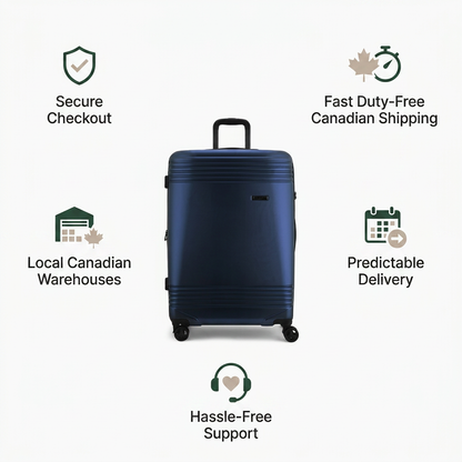 A trust and authority infographic featuring the blue Bugatti Nashville suitcase (HLG3928BU) at the center. Surrounding it are five icons with text rendered in the black, taupe, and green brand colors: "Secure Checkout," "Fast Duty-Free Canadian Shipping," "Local Canadian Warehouses," "Predictable Delivery," and "Hassle-Free Support." The background is a clean, light off-white.