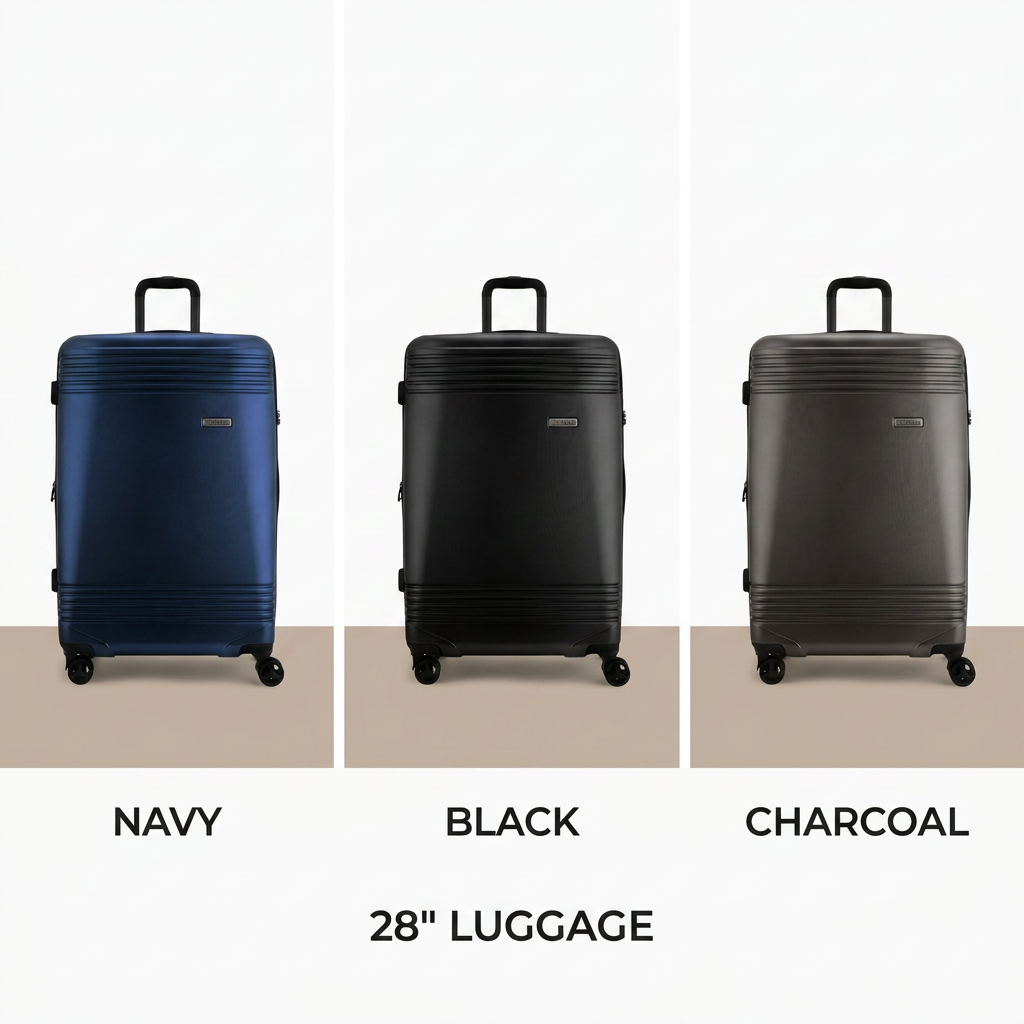 A three-panel grid on a soft white background features the Bugatti Nashville 28" Luggage in three colors: navy blue on the left, black in the center, and charcoal grey on the right. Each suitcase is positioned on a warm taupe surface, with 'NAVY', 'BLACK', and 'CHARCOAL' printed in dark charcoal text below them, followed by '28" LUGGAGE'.