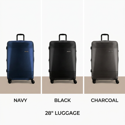 A three-panel grid on a soft white background features the Bugatti Nashville 28" Luggage in three colors: navy blue on the left, black in the center, and charcoal grey on the right. Each suitcase is positioned on a warm taupe surface, with 'NAVY', 'BLACK', and 'CHARCOAL' printed in dark charcoal text below them, followed by '28" LUGGAGE'.