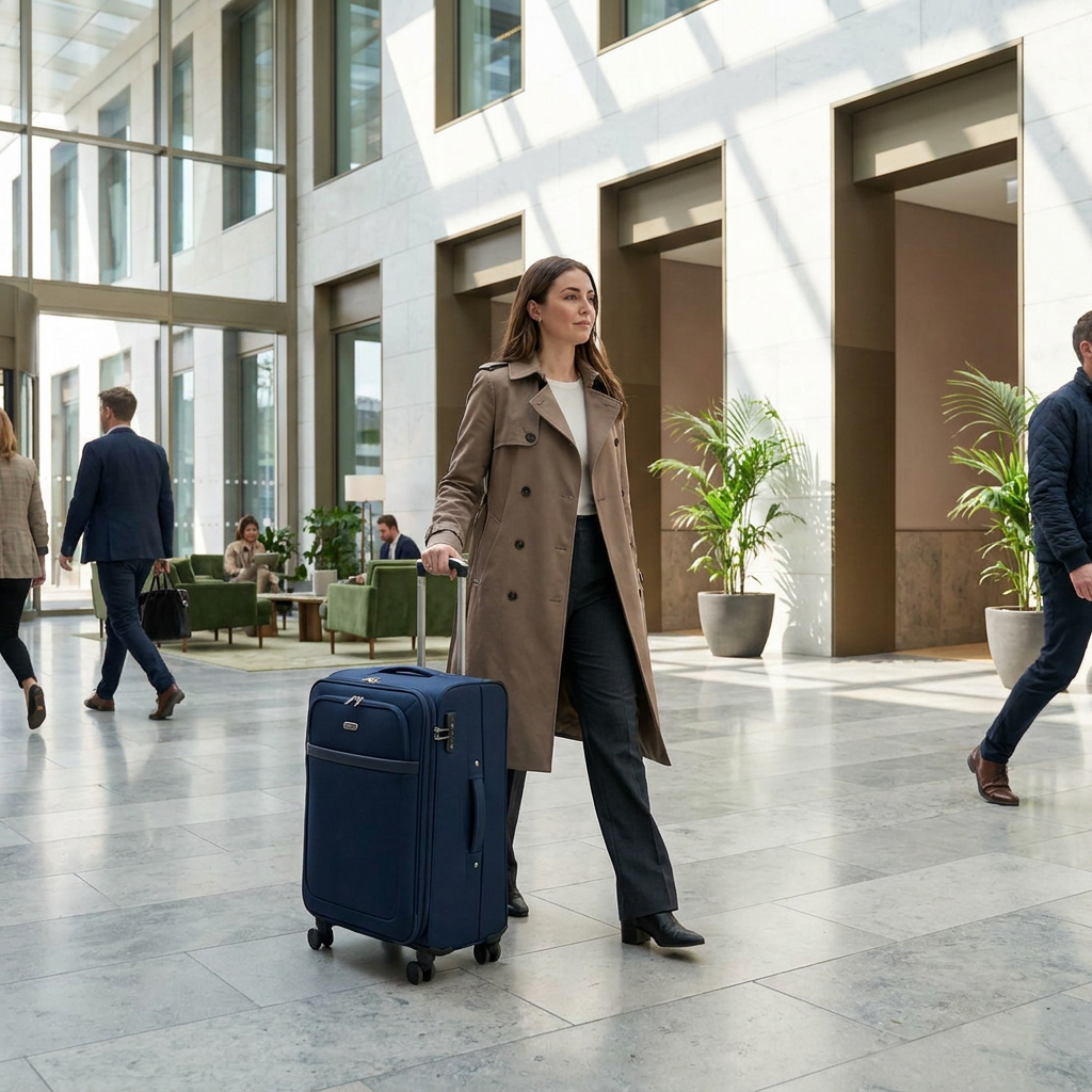 A woman in a trench coat rolls a navy Bugatti suitcase through a sunlit, modern office lobby.