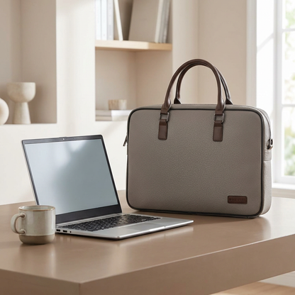 The grey Bugatti ExB2161BU slim briefcase is placed on a modern wooden desk next to an open 14-inch laptop and a ceramic mug, providing a clear sense of scale.