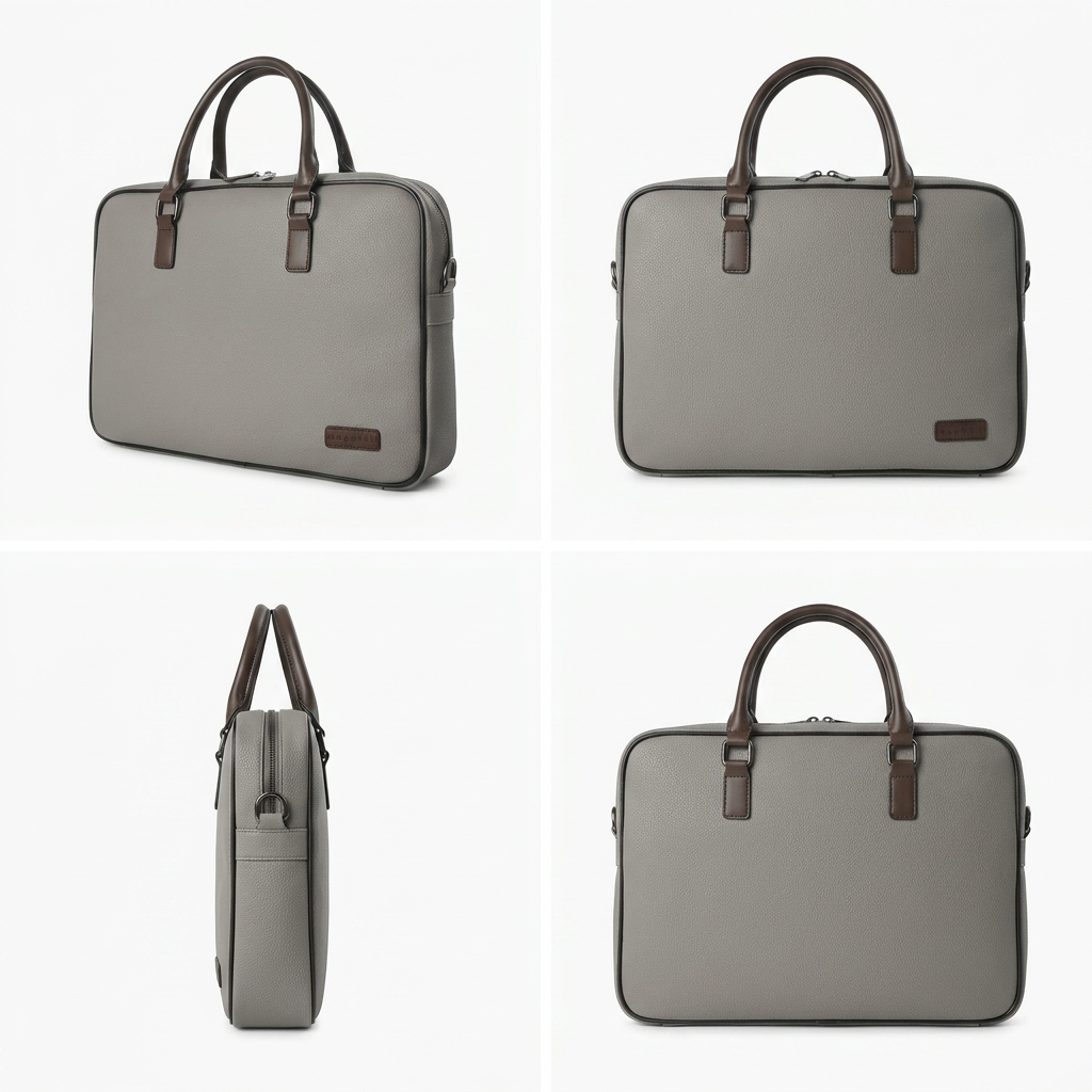 A four-panel grid matrix showing the Bugatti Contrast EXB2161BU Slim Laptop Briefcase in grey pebble grain vegan leather from multiple angles (front-left, front, side, rear). The background is a solid white with soft studio lighting.