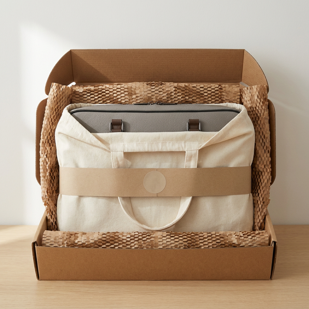 A top-down view captures the grey Bugatti vegan leather briefcase from the reference image, securely packed inside a brown cardboard shipping box. The bag is enclosed in a cream canvas dust bag with a paper band, surrounded by a thick layer of honeycomb paper padding, ensuring protection. The box rests on a wooden table against a plain alabaster background, bathed in soft light, embodying a premium and careful unboxing experience.