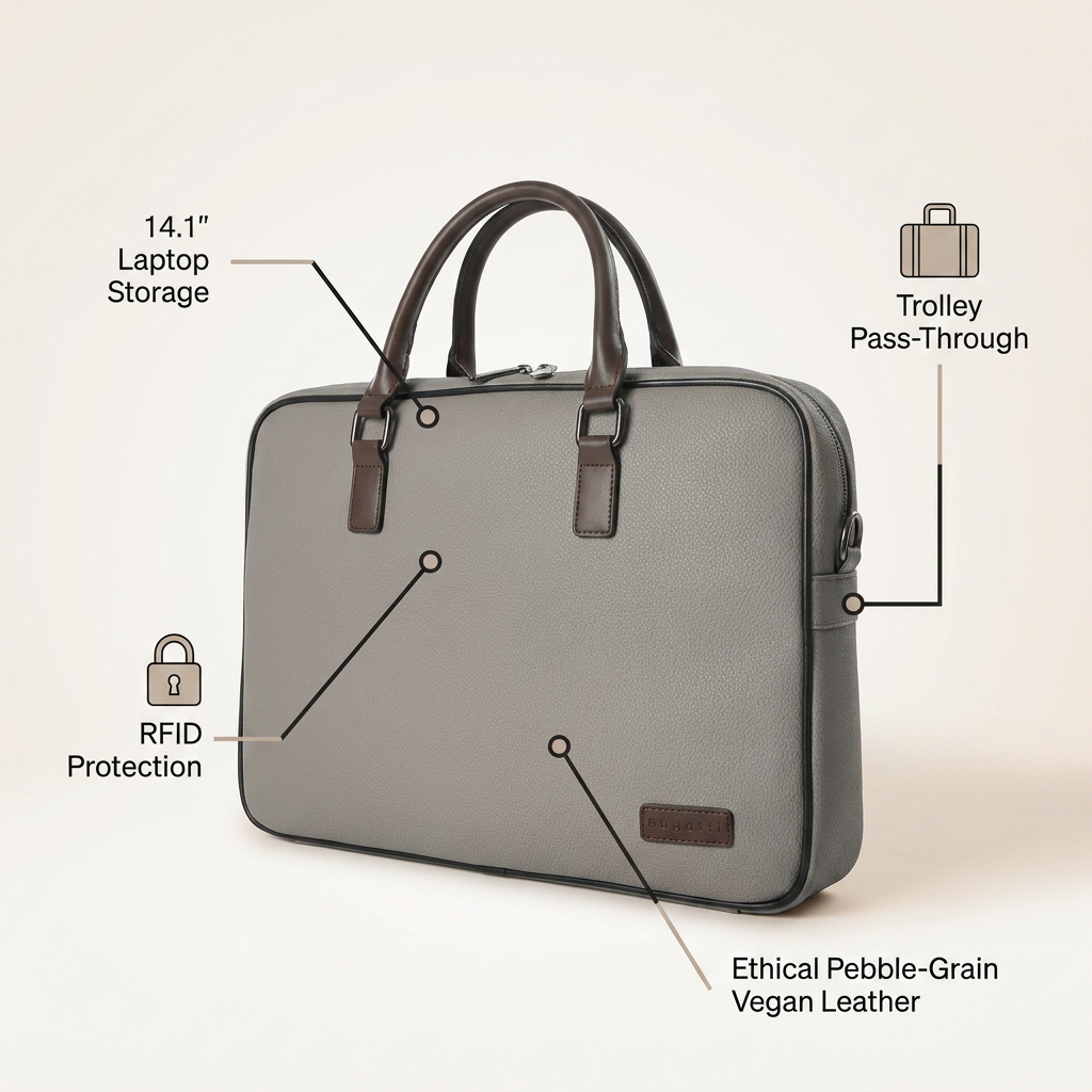 A feature callout image for the Bugatti Contrast Slim Briefcase, highlighting its 14.1" laptop storage, RFID protection, trolley pass-through, and ethical pebble-grain vegan leather with clean, warm-toned graphics against a light beige background.
