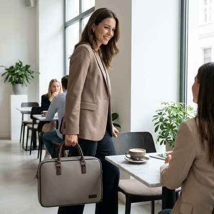 A woman in a warm taupe blazer holds the grey Bugatti vegan leather briefcase with brown trim while smiling in a bright, modern cafe.