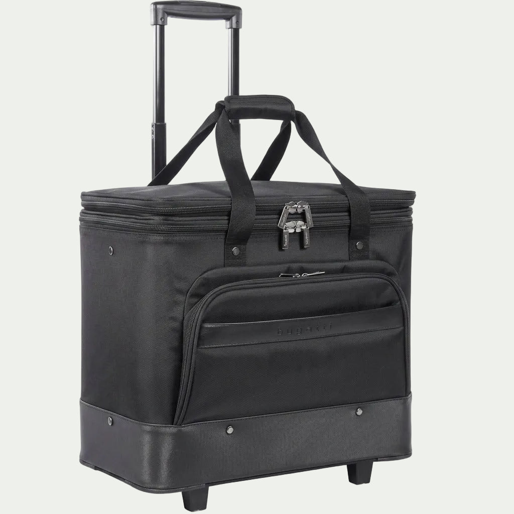 A high-resolution hero shot for Shopify, featuring the black Bugatti rolling cooler bag with handles extended against a pure white background.