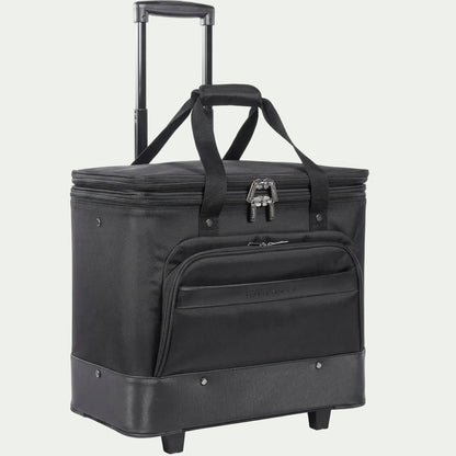 A high-resolution hero shot for Shopify, featuring the black Bugatti rolling cooler bag with handles extended against a pure white background.